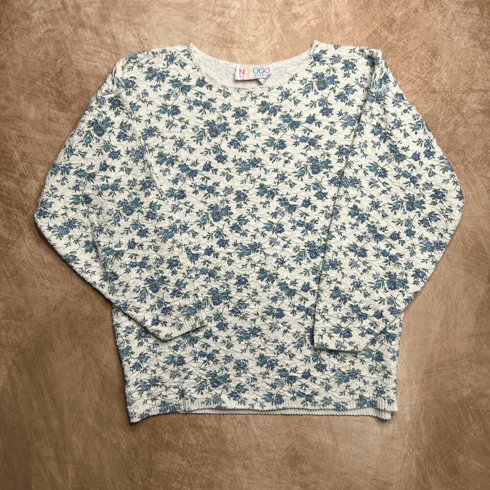 Vintage 90s NOLOGO Floral Print Sweater White Textured Knit Cottagecore Fairy